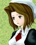  artist_request beret blush breasts brown_eyes brown_hair hat looking_to_the_side medium_breasts parted_lips shannon short_hair simple_background solo umineko_no_naku_koro_ni 