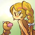  :p arms_behind_back blush_stickers bow braid brown_eyes costume gen_1_pokemon hair_ornament hairclip hitec horns moemon multicolored_hair orange_hair personification pokemon pokemon_(creature) tongue tongue_out two-tone_hair weedle 