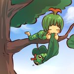  =_= ahoge androgynous barefoot biting blush blush_stickers caterpie closed_eyes costume eating gen_1_pokemon green_hair hitec in_tree leaf moemon personification pokemon pokemon_(creature) tree 