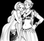  armlet bangle black_background bracelet breasts chabudai cleavage earrings greyscale jewelry large_breasts log_pose long_hair midriff monochrome multiple_girls nami_(one_piece) navel necklace nefertari_vivi one_piece ponytail tattoo 