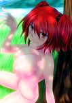  blush breasts dappled_sunlight dress hair_bobbles hair_ornament highres large_breasts looking_at_viewer onozuka_komachi panties red_eyes red_hair short_hair smile solo sunlight topless touhou two_side_up underwear underwear_only watarui white_panties 