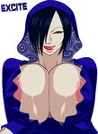  1girl areola_slip areolae black_hair blue_eyes breasts cleavage crossed_arms curvy giantess grin hair_over_one_eye highres hood hoodie huge_breasts large_areolae lips lipstick looking_at_viewer madame_shirley makeup mermaid monster_girl murata naughty_face no_bra one_piece pale_skin short_hair simple_background slit_pupils smile solo white_background 