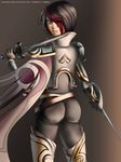  1girl aqua_eyes armor ass black_hair cape dual_wielding fiora_laurent from_behind gauntlets high_collar league_of_legends multicolored_hair pants red_hair short_hair skin_tight smile solo spaulders sword tight_pants weapon 