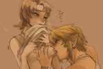  1boy 1girl blonde_hair blue_eyes blush breasts green_eyes hetero ilia_(zelda) licking link nipple_licking nipples no_bra pointy_ears shirt_lift short_hair small_breasts the_legend_of_zelda the_legend_of_zelda:_twilight_princess yo_mo 