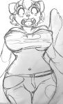  2019 anthro big_breasts blush breasts clothed clothing domestic_cat felid feline felis female hair mammal monochrome nekonny open_mouth simple_background solo surprise teeth topwear torn_clothing transformation watsup white_background 