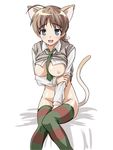  :d ahoge animal_ears between_breasts blue_eyes blush braid breasts brown_hair cat_ears cat_tail covering covering_crotch gonzui_(hojo) large_breasts long_hair lynette_bishop necktie nipples no_bra no_panties open_mouth shirt_lift single_braid sitting smile solo strike_witches striped striped_legwear sweatdrop tail thighhighs vest world_witches_series 