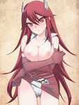  blush breasts breasts_outside elbow_gloves fire_emblem fire_emblem:_kakusei fire_emblem_13 gloves head_wings long_hair niwacho panties red_eyes red_hair tiamo underwear 