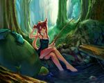  animal_ears arm_up armpits bare_legs barefoot blush brown_hair dress feet fishing fishing_rod forest hand_on_ear head_tilt legs long_hair nature original ponytail sitting soaking_feet solo st.microscope strapless strapless_dress turtle water 