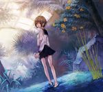  bad_id bad_pixiv_id barefoot brown_hair fukahire_(ruinon) greenhouse original red_eyes school_uniform serafuku soles solo wading water 