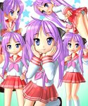  3d angry blue_eyes blush clenched_hands embarrassed from_below frown g-tetsu hair_ribbon hands_on_hips hands_on_own_face hiiragi_kagami long_hair looking_back lucky_star midriff open_mouth panties pantyshot pink_neckwear pleated_skirt pointing purple_hair ribbon ryouou_school_uniform school_uniform serafuku skirt smile star thigh_gap tsurime twintails underwear white_panties 