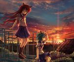  animal_ears brown_eyes cat_ears cat_tail cloud copyright_request green_eyes green_hair jungle_gym kichiroku lens_flare long_hair multiple_girls playground power_lines red_hair school_uniform serafuku short_hair star sunset tail 