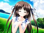  ahoge blush brown_hair closed_eyes game_cg grass hands_clasped jewelry kamipani! katase_megumi lake nature own_hands_together ring shintarou solo tree twintails wind 