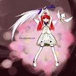  angel_wings bow deathsmiles dress gothic_lolita hair_bow lolita_fashion mot_(anticycle) red_hair solo thighhighs windia_(deathsmiles) wings zettai_ryouiki 