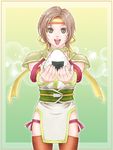  :d artist_request blue_eyes blush brown_hair brown_legwear cowboy_shot food green_background holding holding_food incoming_food japanese_clothes kimono looking_at_viewer nene_(sengoku_musou) onigiri open_mouth outside_border outstretched_arms sengoku_musou sengoku_musou_2 short_kimono simple_background smile solo standing thigh_strap thighhighs 