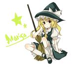  blonde_hair braid broom brown_eyes hair_ribbon hat kirisame_marisa lowres ribbon solo touhou witch witch_hat yutsuka_(amyucca) 