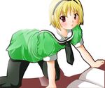  :o all_fours blonde_hair book dress hairband higurashi_no_naku_koro_ni houjou_satoko looking_at_viewer necktie open_book pantyhose red_eyes ruku_(alicecreation) school_uniform short_hair 