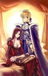  armor artoria_pendragon_(all) blue_cape book breasts cape cleavage crown dress fate/stay_night fate_(series) hair_down hat medium_breasts multiple_girls non-web_source saber toosaka_rin 