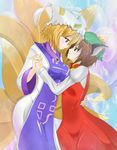  animal_ears blonde_hair blush brown_hair cat_ears chen china_dress chinese_clothes couple dress earrings fox_tail hat holding holding_hands jewelry jpeg_artifacts long_sleeves looking_at_another multiple_girls multiple_tails pillow_hat shirosuzu short_hair tail tassel touhou wide_sleeves yakumo_ran yuri 