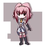  anya_alstreim black_gloves blush chibi code_geass elbow_gloves expressionless fictional_sister full_body gloves jitome knights_of_the_round_uniform looking_at_viewer military military_uniform ponytail red_eyes sidelocks solo standing thigh_strap thighhighs uniform zettai_ryouiki 