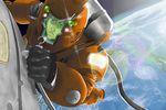  astronaut earth helmet highres hoshino_hachirouta lens_flare male_focus planetes science_fiction solo sora-bakabon space spacesuit zero_gravity 
