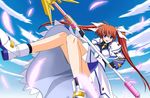  blush brown_hair cloud day feathers h-new hair_ribbon legs long_hair lyrical_nanoha magical_girl mahou_shoujo_lyrical_nanoha_strikers purple_eyes raising_heart ribbon shoes sky solo staff takamachi_nanoha twintails 