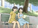  amasawa_yuuko bench dennou_coil dress glasses multiple_girls okonogi_yuuko short_hair smile tnt_(aaaazzzz) tree twintails 