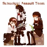  boots brown_eyes brown_hair elbow_pads glasses gun helmet holster knee_pads kokudou_juunigou multiple_girls original pleated_skirt school_uniform sitting skirt smile thigh_holster visor water_gun weapon 