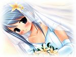  blue_eyes blue_hair blush bouquet bride copyright_request dress flower miyasu_risa solo wedding_dress 
