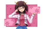  amami_haruka brown_hair glasses green_eyes idolmaster idolmaster_(classic) idolmaster_1 one_eye_closed pos ribbon short_hair solo 