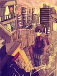  1girl androgynous city cityscape copyright_request scarf scenery solo winter 