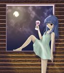  alcohol barefoot blue_hair dress furude_rika green_skirt higurashi_no_naku_koro_ni leg_up long_hair moon night red_eyes rom_(avesta) skirt solo star window 