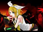  blonde_hair blue_eyes detached_sleeves headphones kagamine_rin ribbon sasama_keiji short_hair shorts solo vocaloid 