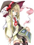  blonde_hair book bow copyright_request hat hat_bow long_hair ribbon solo thighhighs ushi_niku witch_hat 