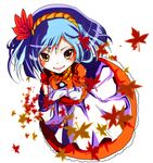  blue_hair brown_eyes hair_ornament leaf leaf_hair_ornament short_hair solo touhou yae_(mono110) yasaka_kanako 