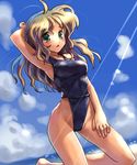  armpits beach brown_hair cloud day green_eyes highleg highleg_swimsuit katahira_masashi kneeling long_hair nail_polish ocean one-piece_swimsuit original outdoors sky solo swimsuit 