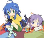  2girls ahoge blue_eyes blue_hair blush book cable controller full_body game_controller green_eyes hiiragi_kagami holding ixy izumi_konata looking_at_viewer lucky_star lying mole mole_under_eye multiple_girls on_stomach open_book pillow playing_games reading sidelocks video_game 