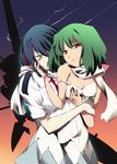  1girl black_hair breasts cleavage collarbone dress green_hair hug looking_at_viewer macross macross_frontier medium_breasts okiura ranka_lee red_eyes saotome_alto short_hair spaghetti_strap strap_slip tears upper_body white_dress 