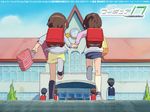  backpack bag brown_hair figure_17 holding_hands multiple_girls ponytail randoseru running school shiina_hikaru shiina_tsubasa short_hair skirt wallpaper 