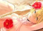  armpits beach blonde_hair blue_eyes copyright_request flat_chest flower kito_(coyo) solo sunset thighhighs water 