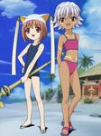  .hack//tasogare_no_udewa_densetsu 2girls animal_ears beach bikini brown_hair cat_ears dark_skin day kunisaki_rena mireille_(.hack//) multiple_girls one-piece_swimsuit outdoors sandals school_swimsuit screencap silver_hair staff stitched swimsuit third-party_edit 