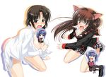  animal_ears between_breasts blush bob_cut bottomless breasts cat_ears cleavage fang genderswap genderswap_(mtf) hairband hirama_hirokazu large_breasts little_busters! long_hair multiple_girls naoe_riki natsume_rin nishizono_mio panties ponytail short_hair socks underwear 