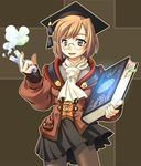  1girl :d ascot black_gloves black_hat black_skirt blonde_hair book bookmark breasts brown_jacket brown_pantyhose commentary_request final_fantasy final_fantasy_xi glasses gloves green_eyes half_gloves half_updo hat holding holding_book hume jacket katy_(artist) legs_apart long_sleeves medium_breasts miniskirt mortarboard open_clothes open_jacket open_mouth outline pantyhose pleated_skirt round_eyewear scholar_(final_fantasy) short_hair skirt smile solo standing vial white_ascot yellow_outline 