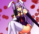  animal_ears between_breasts breasts bunny_ears bunnysuit gun handgun long_hair mauser_c96 mouth_hold pistol purple_hair red_eyes reisen_udongein_inaba solo thighhighs touhou tsujigiri weapon 