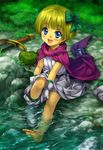  barefoot belt bianca's_daughter blonde_hair blue_eyes blush bow cape child dragon_quest dragon_quest_v dress feet full_body gloves mutsuki_(moonknives) nature short_hair sitting soaking_feet solo sword toes water weapon 
