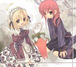  blonde_hair emil_chronicle_online gothic long_hair multiple_girls red_hair ribbon short_hair wanko_(takohati8) wings 