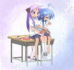  barefoot desk eating food gym_uniform haiteku hiiragi_kagami izumi_konata lucky_star multiple_girls obentou purple_hair sitting sitting_on_lap sitting_on_person wallpaper 