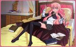  bed book cape chain long_hair louise_francoise_le_blanc_de_la_valliere non-web_source pentacle pentagram pillow pink_hair sitting thighhighs wand zero_no_tsukaima zettai_ryouiki 