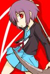  bad_id bad_pixiv_id blue_sailor_collar cardigan kita_high_school_uniform nagato_yuki purple_hair red_eyes sailor_collar school_uniform scythe serafuku short_hair solo suzumiya_haruhi_no_yuuutsu takanaga_kouhei 