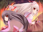  bad_id bad_pixiv_id bamboo bangs banned_artist blouse blunt_bangs fire flame fujiwara_no_mokou houraisan_kaguya long_hair long_sleeves multiple_girls ofuda pants red_eyes shiraki_ai silver_hair suspenders touhou very_long_hair 