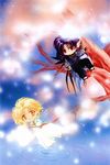  blonde_hair chibi clamp earrings highres jewelry kohaku kohaku_(wish) kouryuu necklace pointy_ears purple_hair tree wings wish yellow_eyes 